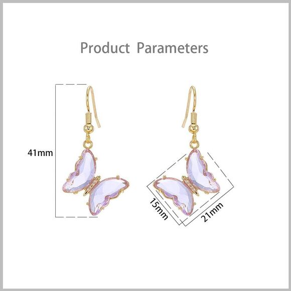 CZ Butterfly Glass Drop Dangle Earrings Silver Post Cubic Zirconia Gold Plated - Picture 4 of 4